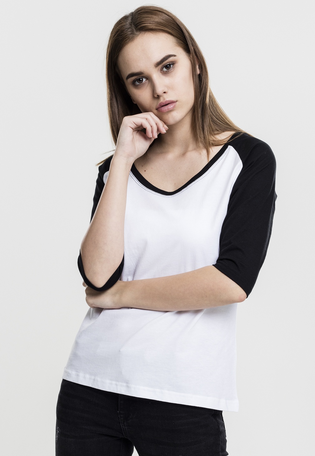 UrbanClassicsFemaleShirtLadies34ContrastRaglanTeeWhiteBlack-L
