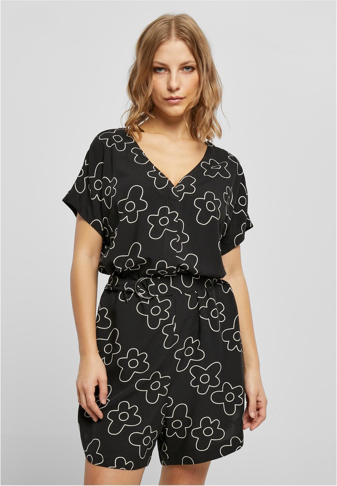 UrbanClassicsDamenLadiesShortViscoseBeltJumpsuitBlackflower-3XL