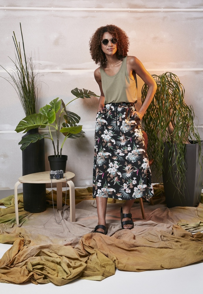 UrbanClassicsDamenRockLadiesViscoseMidiSkirtBlackTropical-3XL