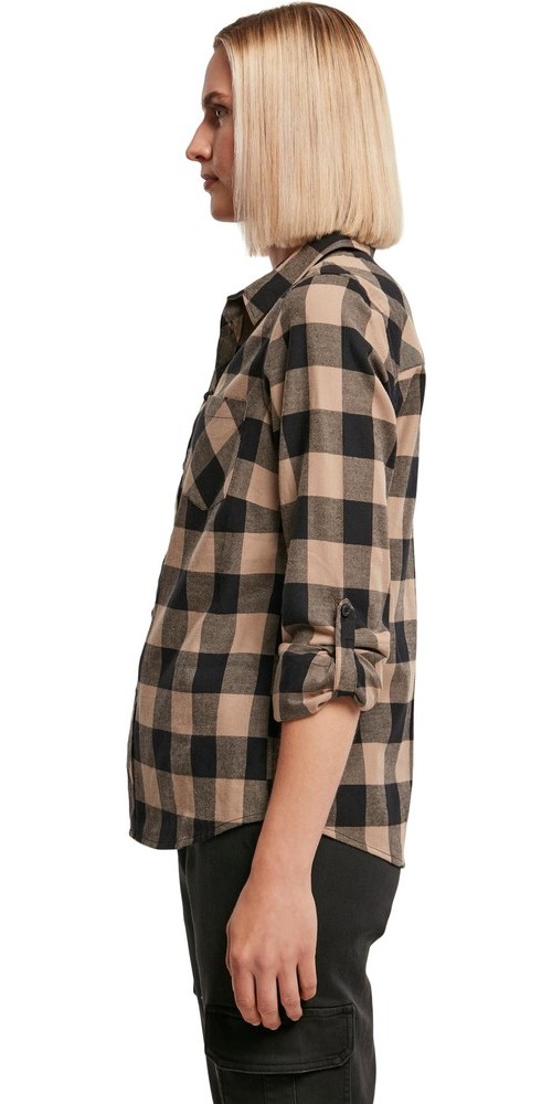 UrbanClassicsDamenLadiesTurnupCheckedFlanellShirtBlackSofttaupe-3XL