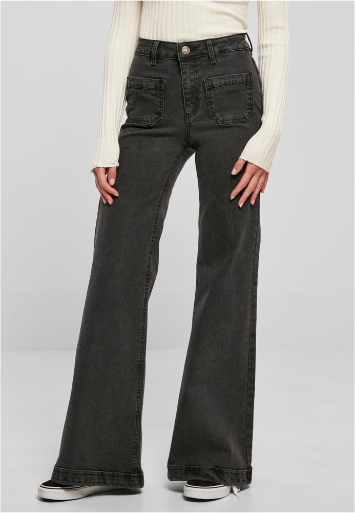 UrbanClassicsDamenJeansLadiesVintageFlaredDenimPantsBlackWashed-26