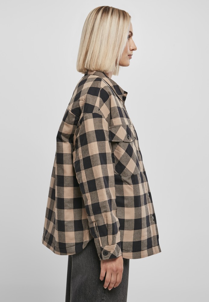 UrbanClassicsDamenLadiesFlanellPaddedOvershirtBlackSofttaupe-3XL