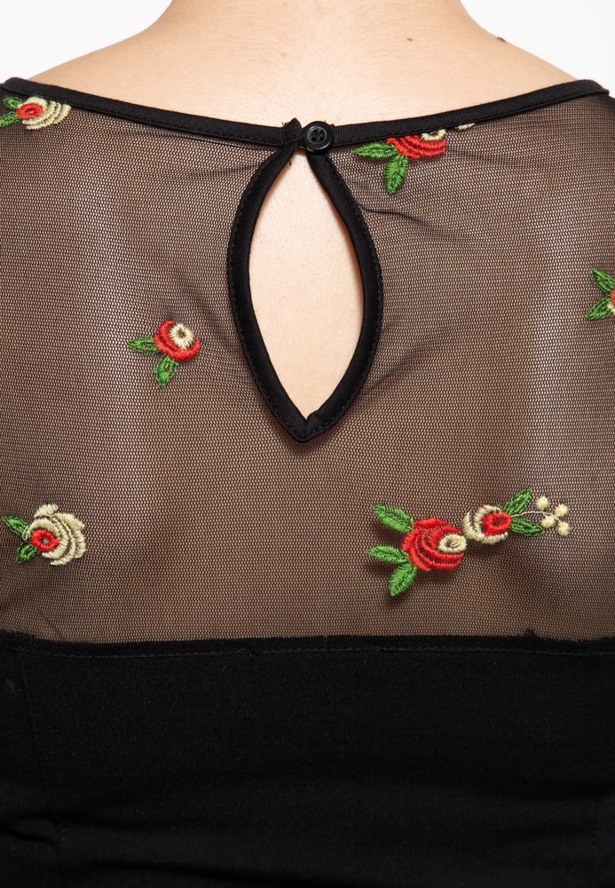 QueenKerosinDamenMeshBleistiftkleidmitRosen-StickereiSchwarz