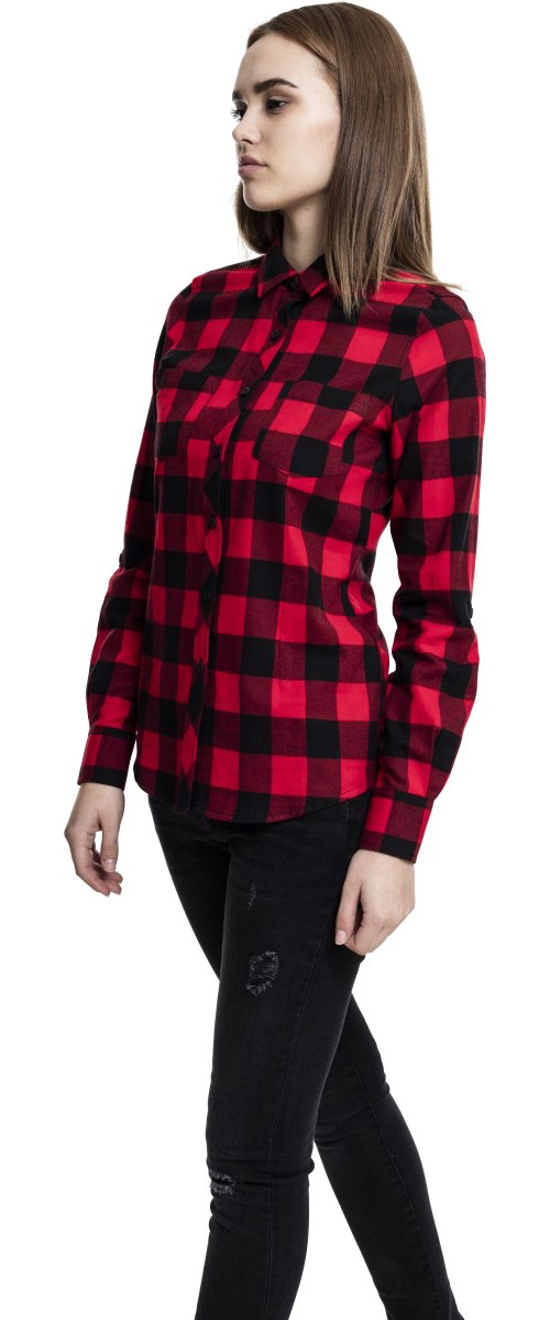 UrbanClassicsDamenHemdBluseLadiesTurnupCheckedFlanellShirtBlackRed