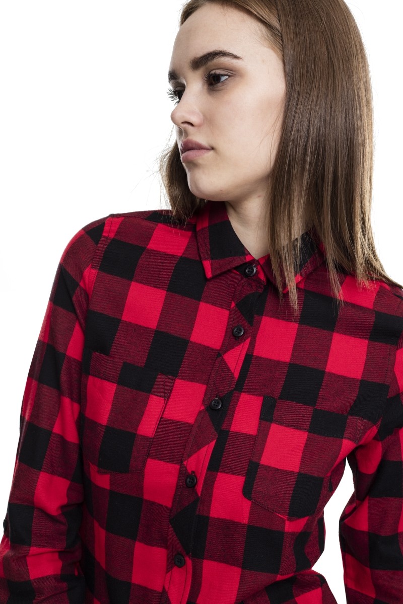 UrbanClassicsDamenHemdBluseLadiesTurnupCheckedFlanellShirtBlackRed