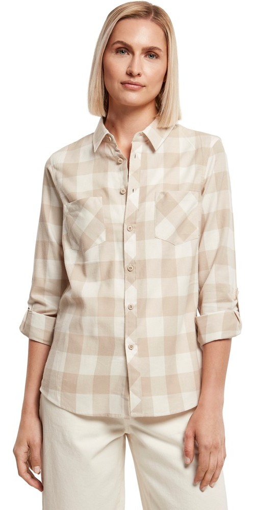 UrbanClassicsDamenLadiesTurnupCheckedFlanellShirtWhitesandLighttaupe-3XL
