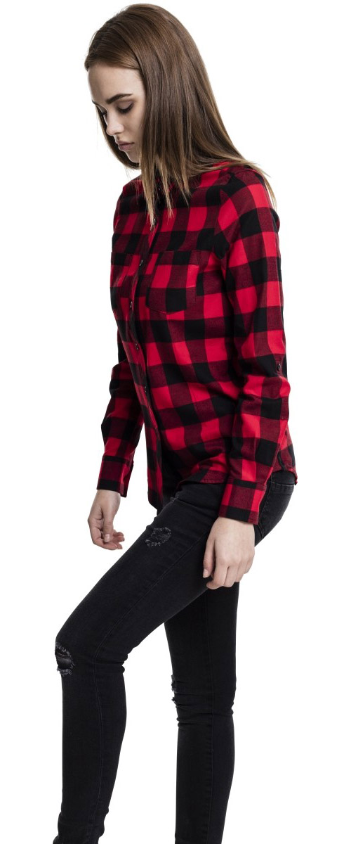 UrbanClassicsDamenHemdBluseLadiesTurnupCheckedFlanellShirtBlackRed