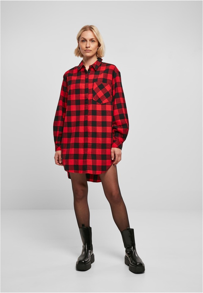 UrbanClassicsDamenKleidLadiesOversizedCheckFlannelShirtDressBlackRed