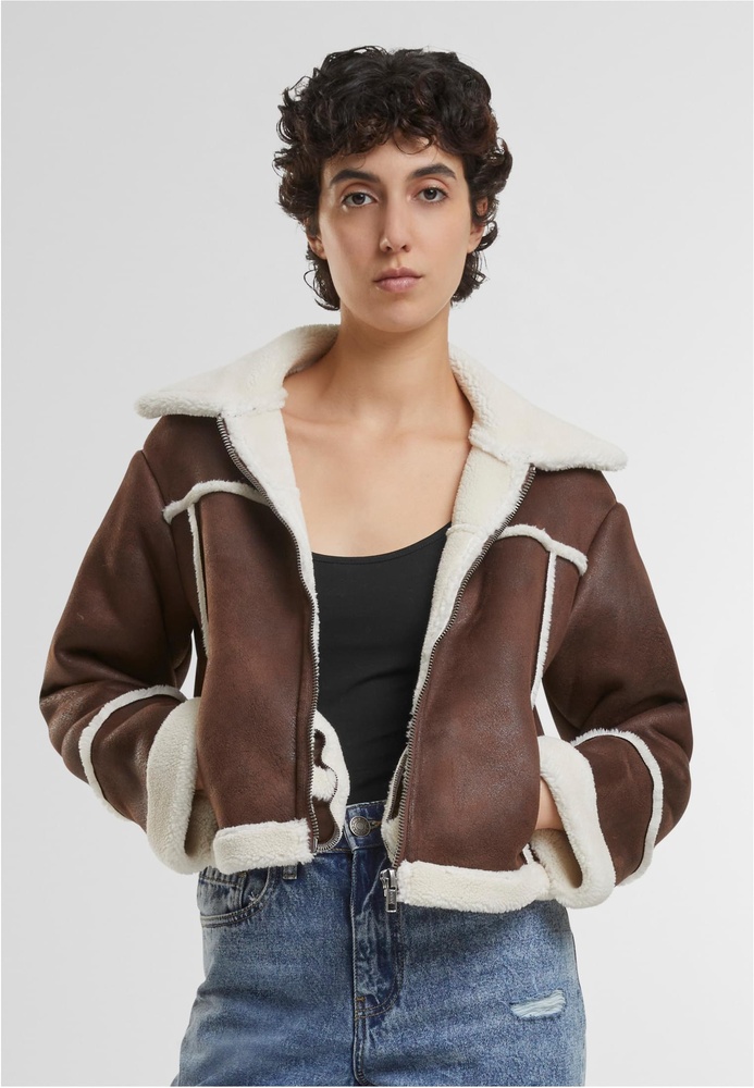 UrbanClassicsDamenLederjackeLadiesShearlingJacketTB7076BrownWhitesand-3XL