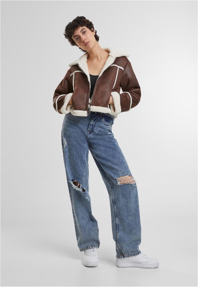 UrbanClassicsDamenLederjackeLadiesShearlingJacketTB7076BrownWhitesand-3XL