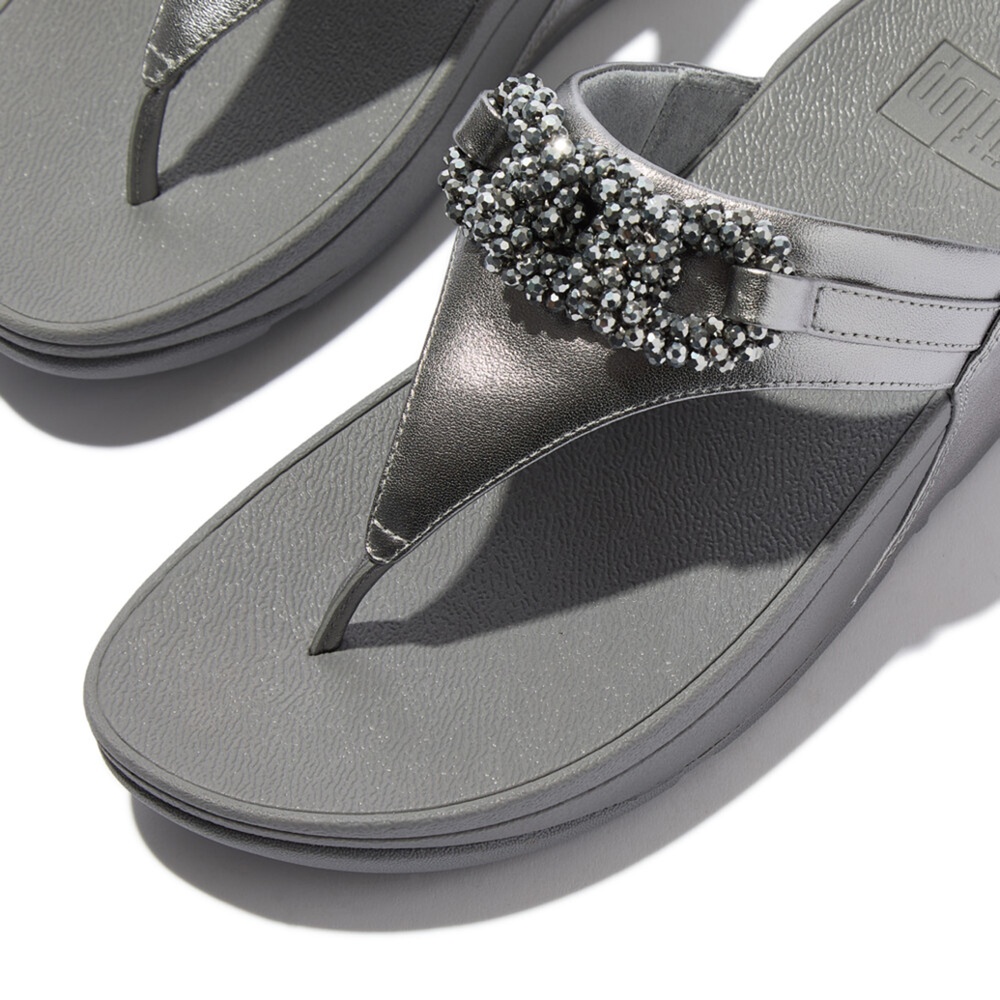 FitFlopDamenFlipFlopsLuluBeaded-ChainLeatherToe-PostSandalsE6FSilvereen-36