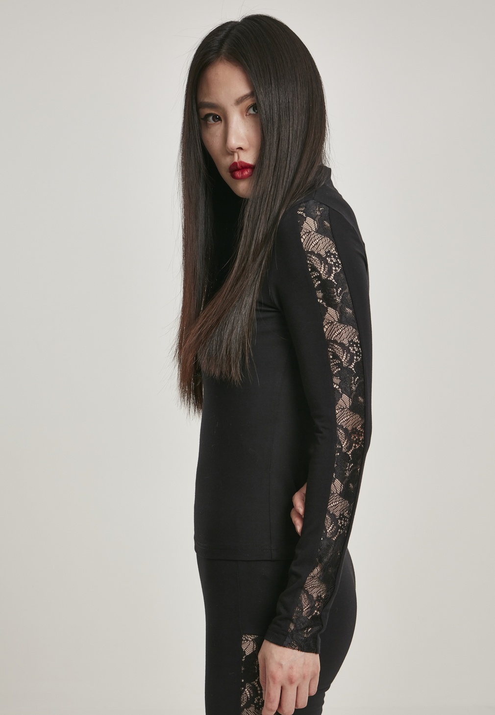 UrbanClassicsDamenLongsleeveLadiesLaceStripedLSBlack