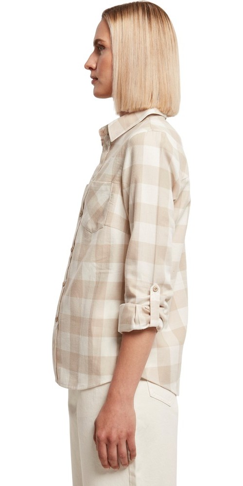 UrbanClassicsDamenLadiesTurnupCheckedFlanellShirtWhitesandLighttaupe-3XL