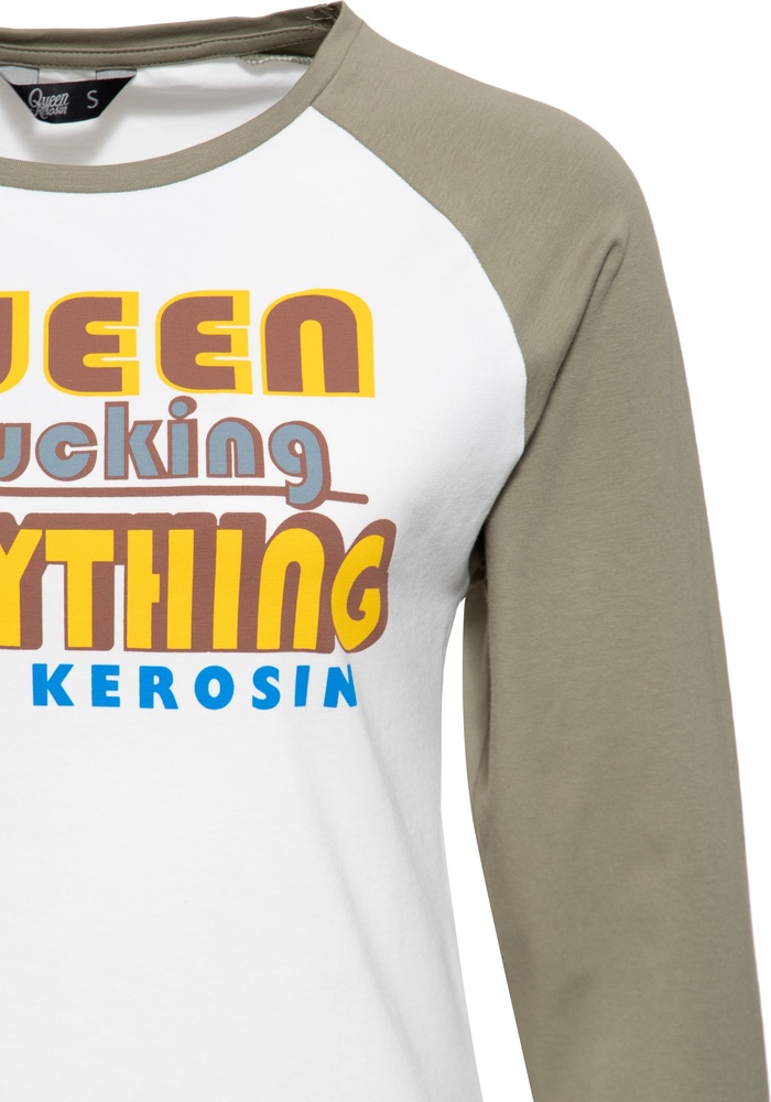 QueenKerosinDamenShirtRaglan31ArmLongsleeveQueenOfFuckingEverthingQKU41007OffWhiteGreen-XS