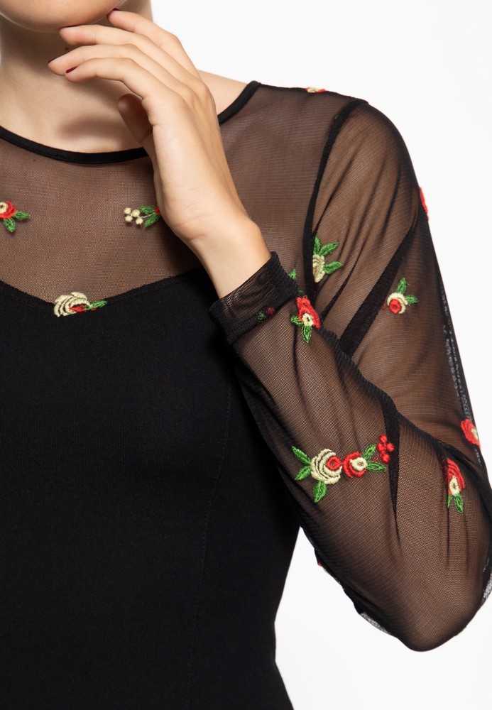 QueenKerosinDamenMeshBleistiftkleidmitRosen-StickereiSchwarz