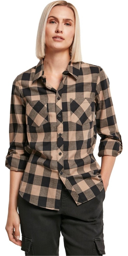 UrbanClassicsDamenLadiesTurnupCheckedFlanellShirtBlackSofttaupe-3XL