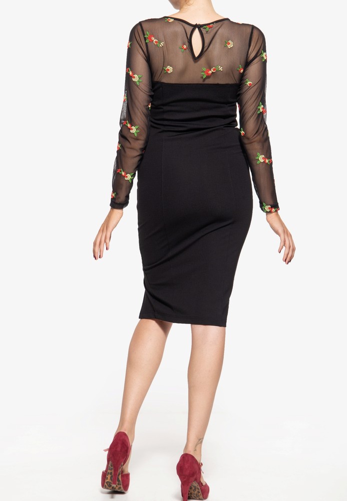QueenKerosinDamenMeshBleistiftkleidmitRosen-StickereiSchwarz