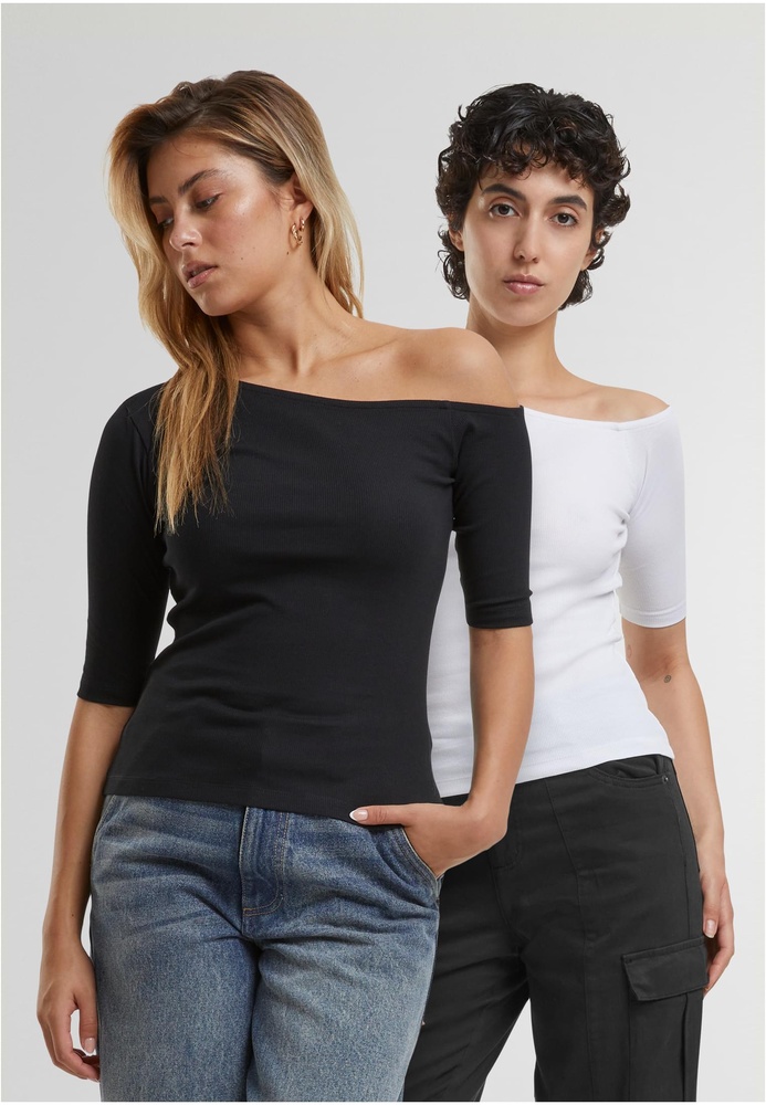 UrbanClassicsDamenLadiesOrganicAsymmetricRibTee2-PackTB7096ABlackWhite-3XL