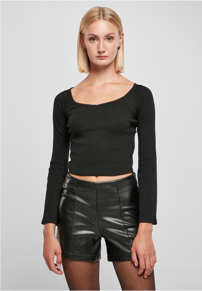 UrbanClassicsDamenLadiesShortRibWideV-NeckLongsleeveBlack