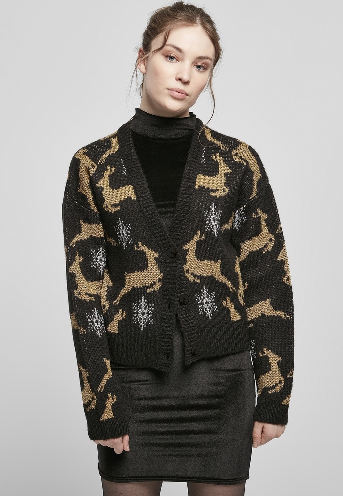 UrbanClassicsDamenCardiganLadiesShortOversizedChristmasCardiganBlackGold