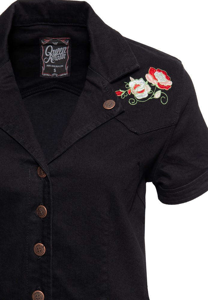 QueenKerosinDamen50sSwingJeanskleidmitStickereiSchwarz-L