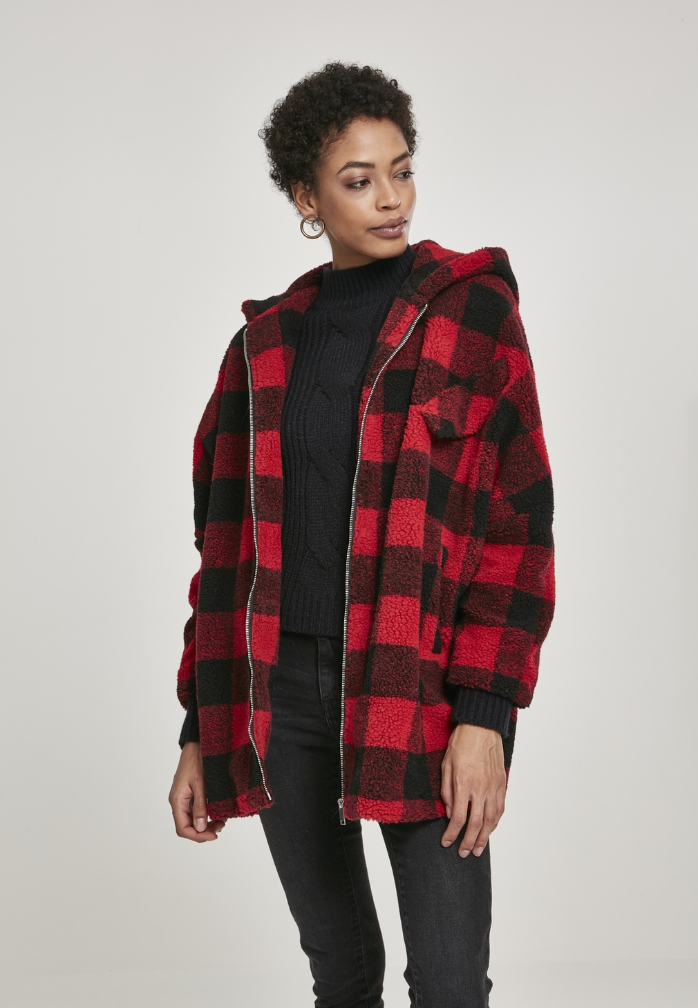 UrbanClassicsDamenWinterjackeLadiesHoodedOversizedCheckSherpaJacketFireredBlack-3XL