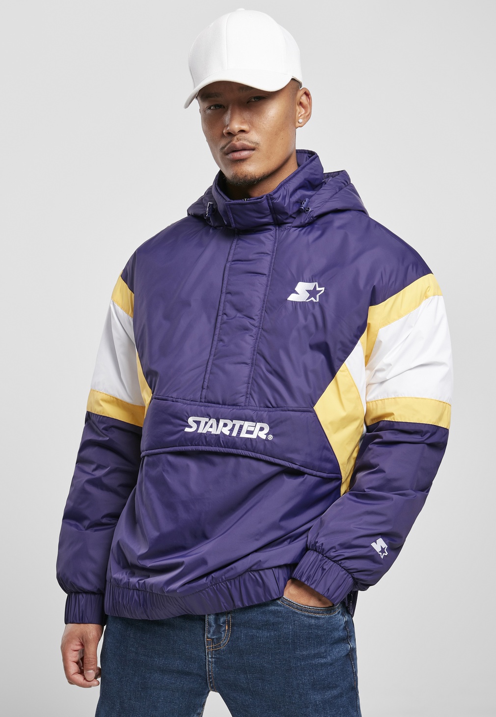 StarterBlackLabelJackeStarterColorBlockHalfZipRetroJacketStarterPurpleWhiteBuffYellow-L