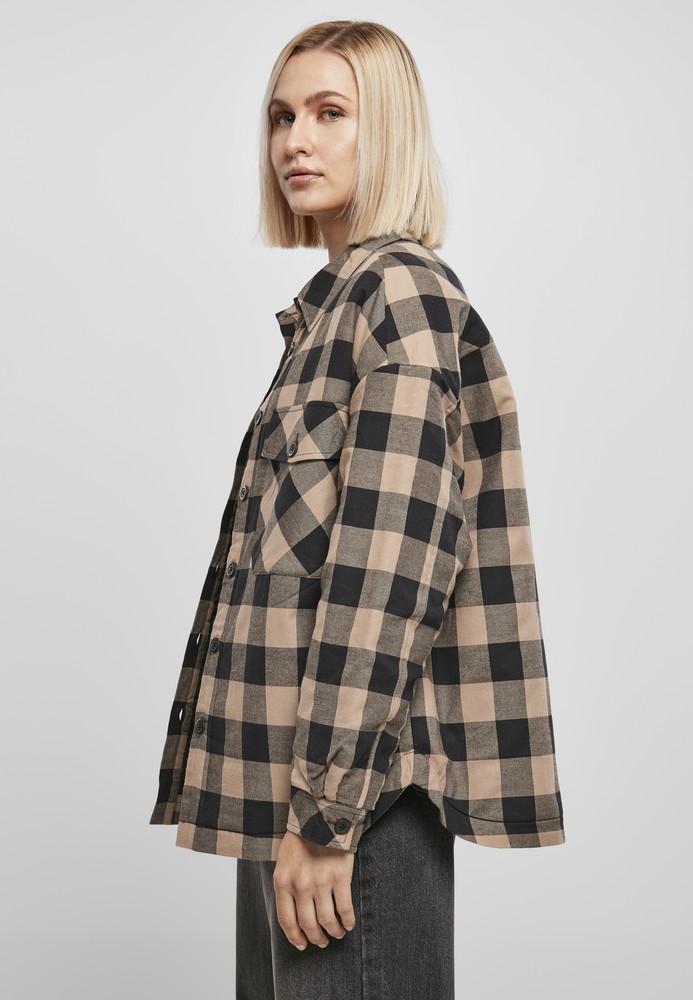 UrbanClassicsDamenLadiesFlanellPaddedOvershirtBlackSofttaupe-3XL