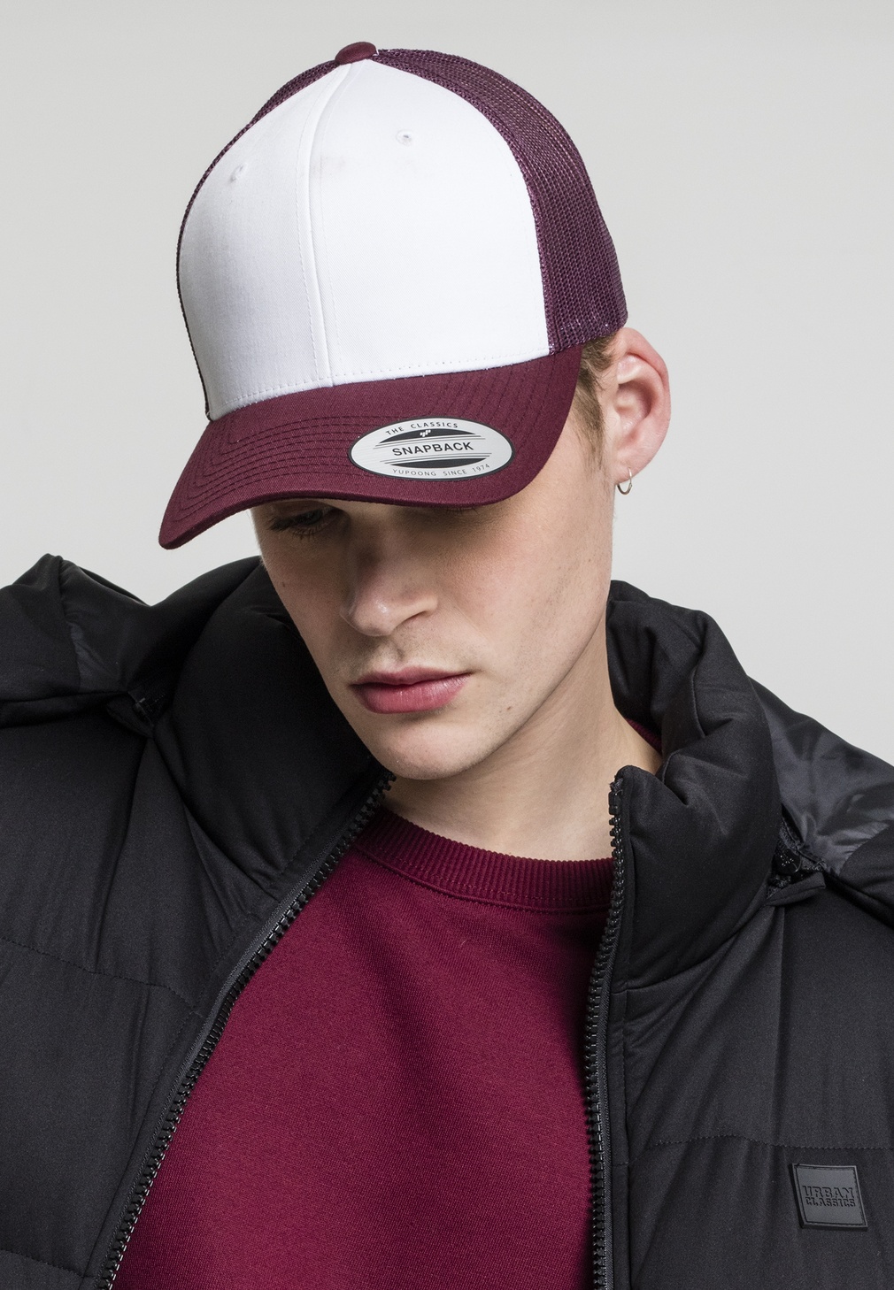 FlexfitCapRetroTruckerColoredFrontMaroonWhiteMaroon