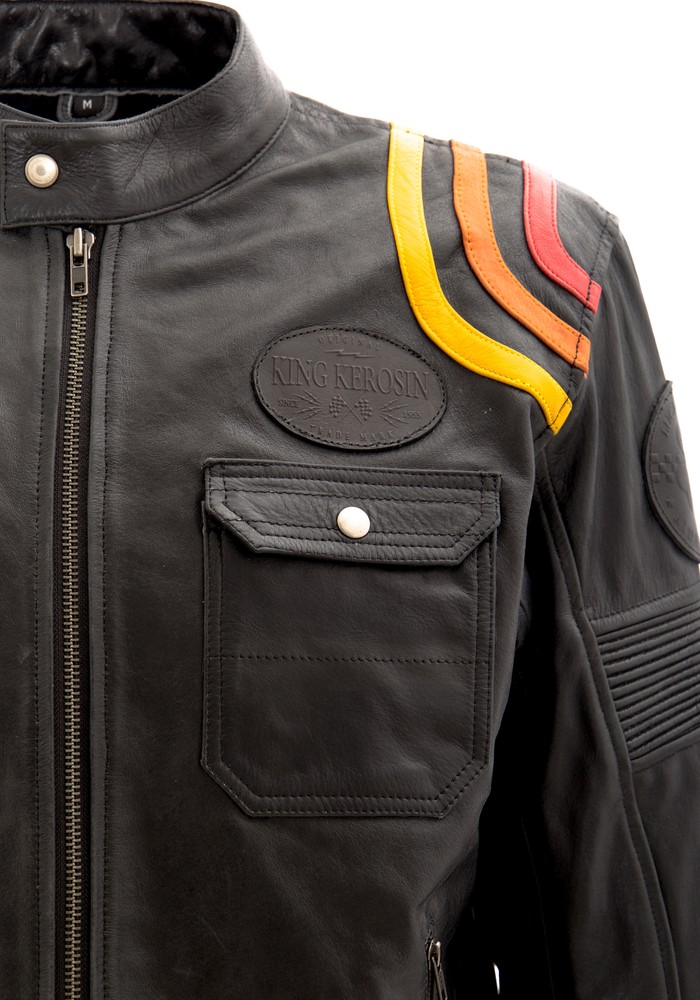 KingKerosinLederjackemitkontrastfarbigenRacer-StreifenKK240025Schwarz