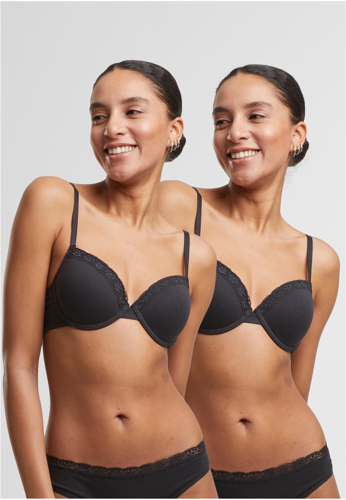 UrbanClassicsDamenBHmitBgelLadiesBasicCottonBraLace2-PackTB7653ABlackBlack-70A