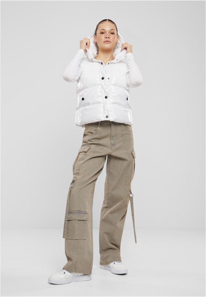 UrbanClassicsDamenSteppwesteLadiesRecycledShinyPufferVestWithHoodTB7004White-3XL